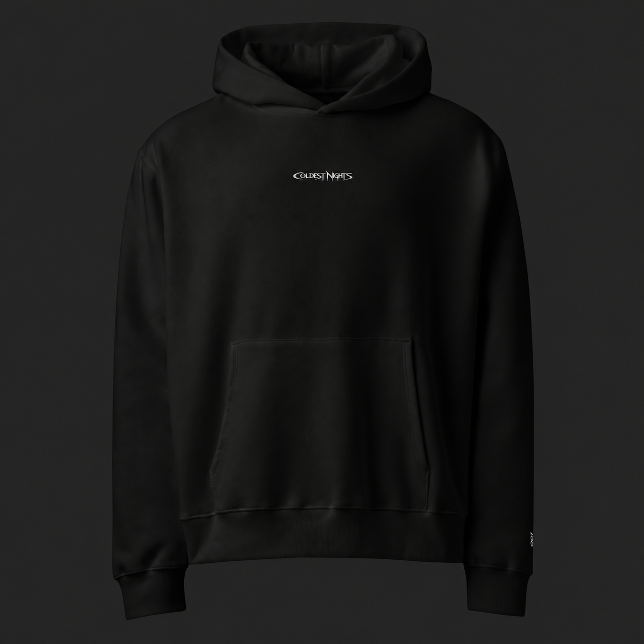 Black Coldest Nights hoodie with small white chest logo